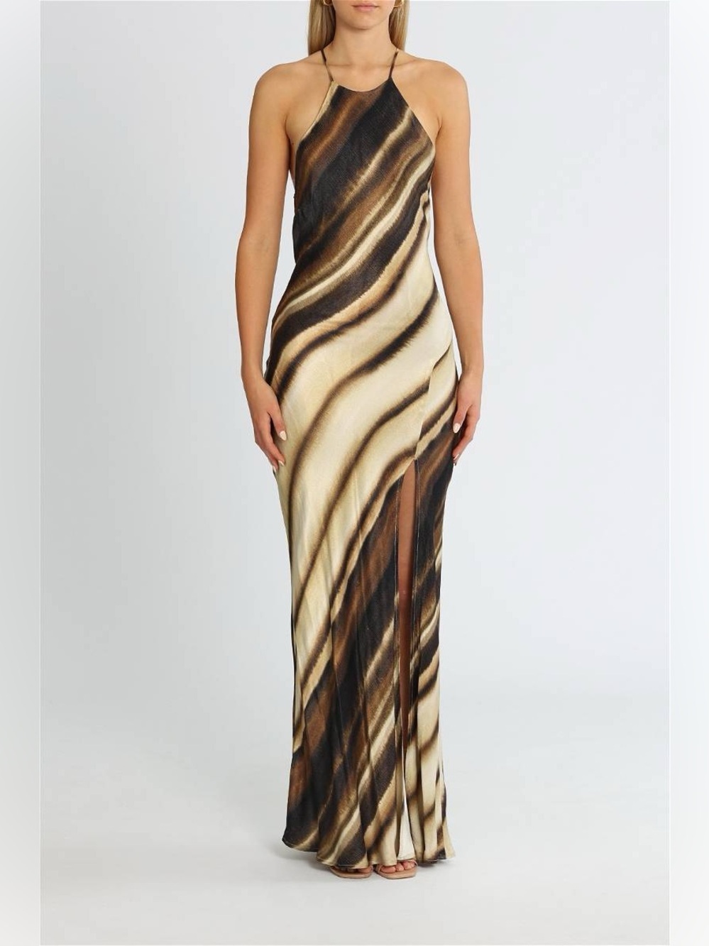 Bec & Bridge Watercolour Maxi Dress Print Halter Neck Leg Slit Low Back Formal